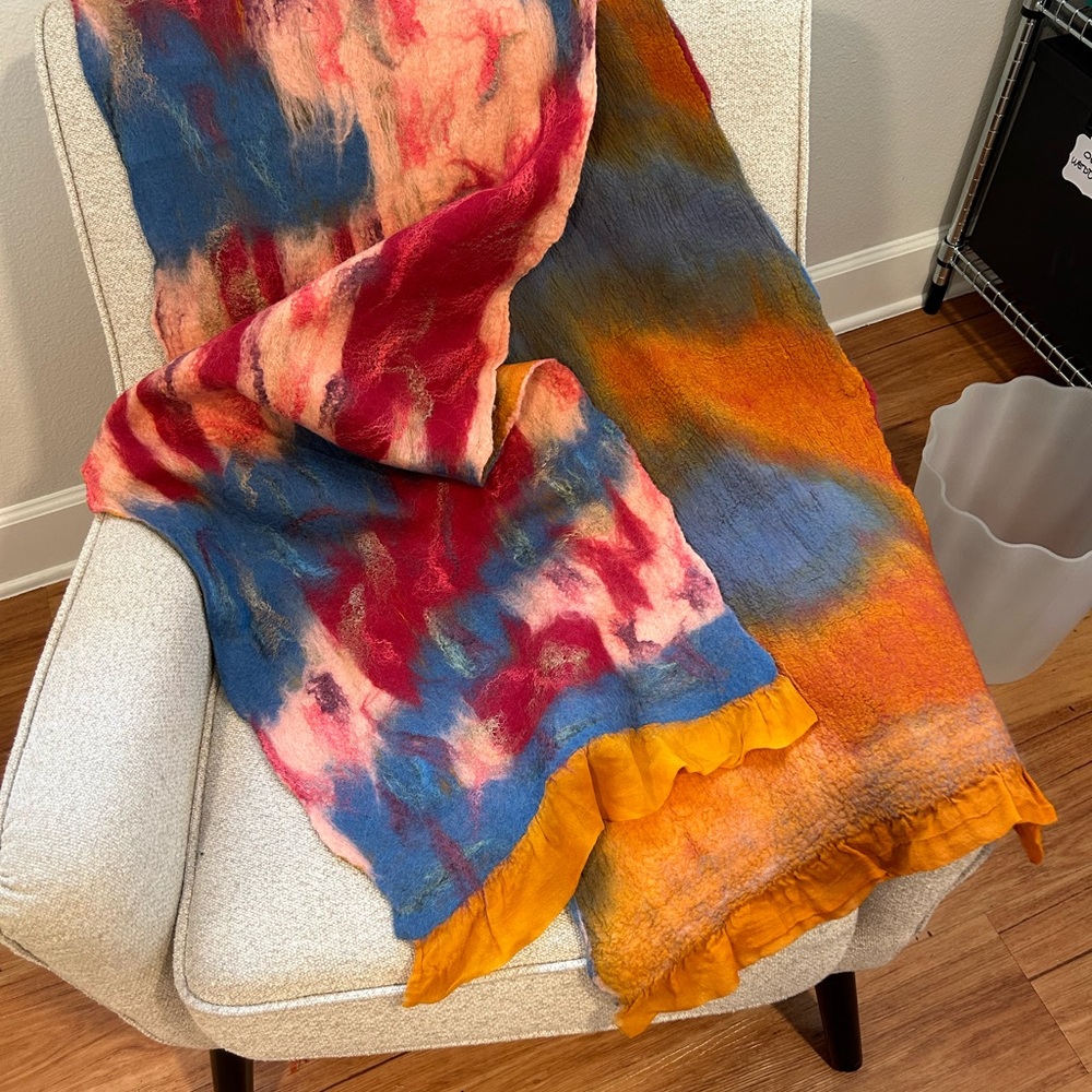 Handmade NUNO wool felted on silk reversible shawl/scarf
